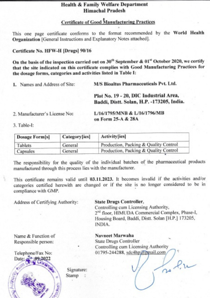 WHO-GMP Certificate